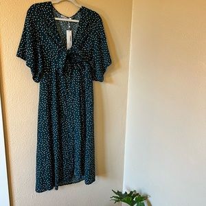 Morning Mist Australia Tie Front Polka Dot Emerald Midi dress